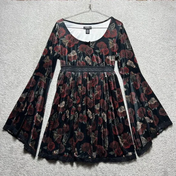 Thorn & Fable Dress Womens SM Velvet Bell Sleeve Mini Dress Rose Butterfly Print - Picture 1 of 15
